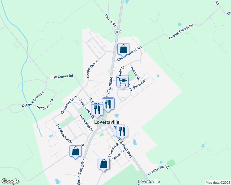 map of restaurants, bars, coffee shops, grocery stores, and more near 13 Potterfield Drive in Lovettsville