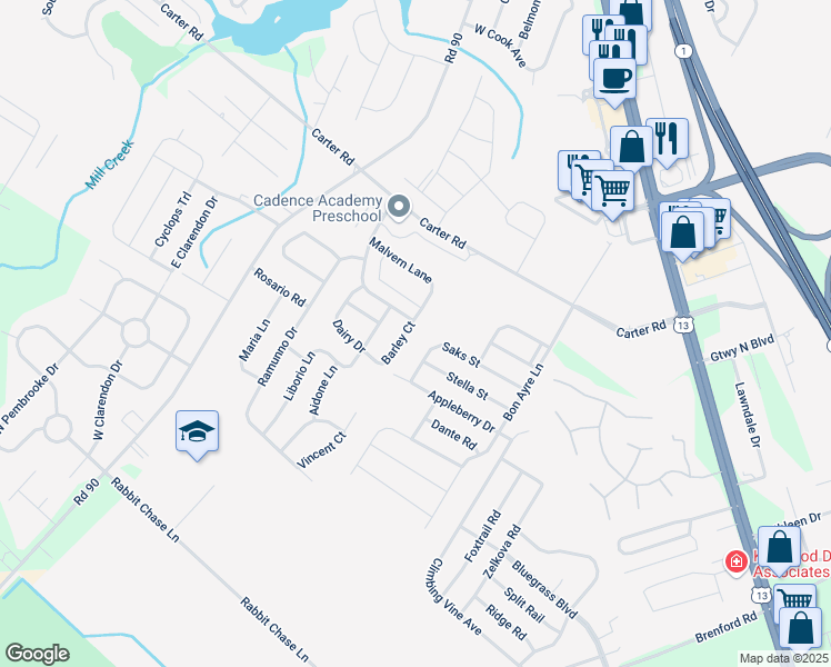 map of restaurants, bars, coffee shops, grocery stores, and more near 563 Barley Court in Smyrna