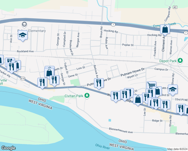map of restaurants, bars, coffee shops, grocery stores, and more near 711 Belrock Avenue in Belpre