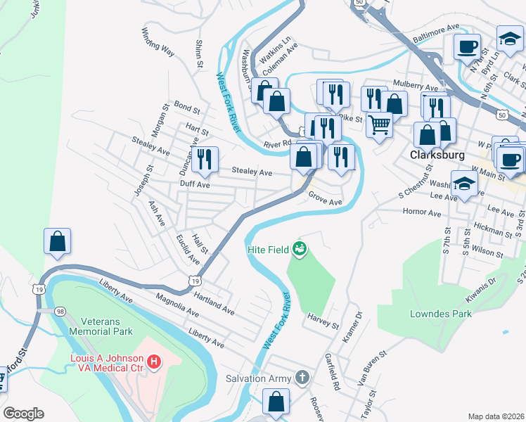map of restaurants, bars, coffee shops, grocery stores, and more near 411 Milford Street in Clarksburg
