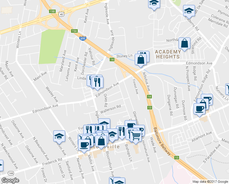 map of restaurants, bars, coffee shops, grocery stores, and more near 602 Arlewood Road in Catonsville