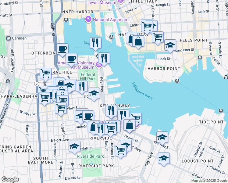map of restaurants, bars, coffee shops, grocery stores, and more near 23 Pierside Drive in Baltimore