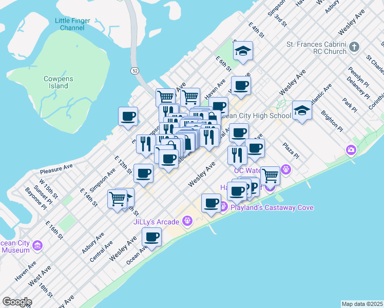 map of restaurants, bars, coffee shops, grocery stores, and more near 944 Central Avenue in Ocean City