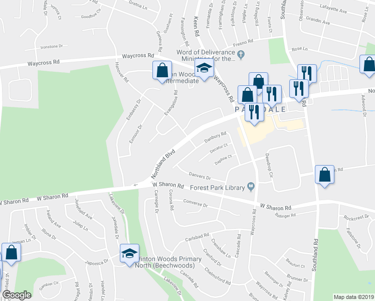 map of restaurants, bars, coffee shops, grocery stores, and more near 781 Danbury Road in Cincinnati