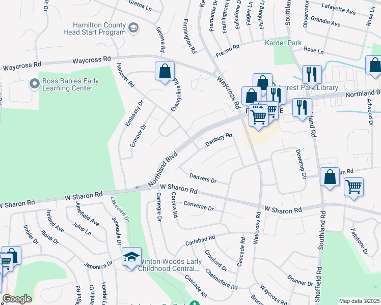 map of restaurants, bars, coffee shops, grocery stores, and more near 781 Danbury Road in Cincinnati