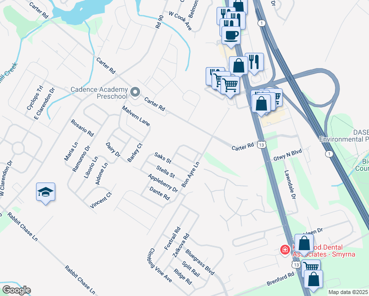 map of restaurants, bars, coffee shops, grocery stores, and more near 737 Radnor Street in Smyrna