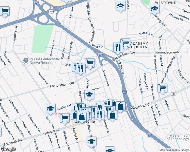 map of restaurants, bars, coffee shops, grocery stores, and more near 602 Arlewood Road in Catonsville