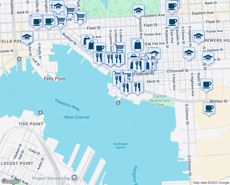 map of restaurants, bars, coffee shops, grocery stores, and more near 1262 Dockside Circle in Baltimore
