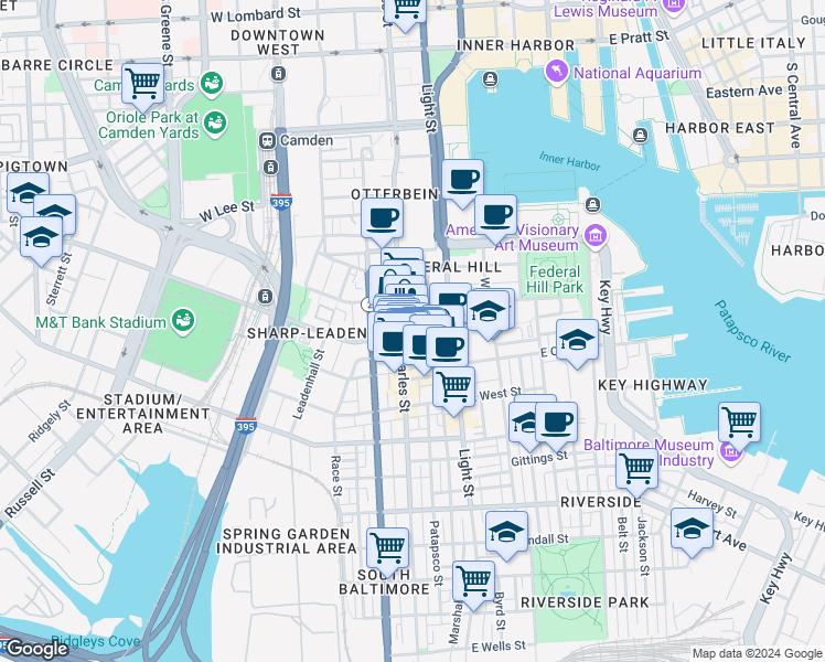 map of restaurants, bars, coffee shops, grocery stores, and more near 5 East Hamburg Street in Baltimore