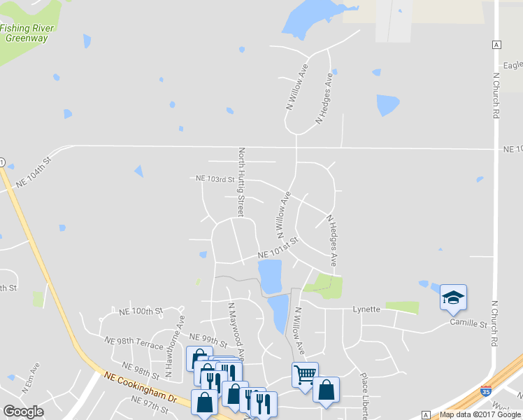 map of restaurants, bars, coffee shops, grocery stores, and more near 10311 Northeast 102nd Terrace in Kansas City