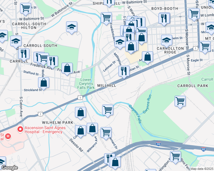 map of restaurants, bars, coffee shops, grocery stores, and more near Wilkens Ave & Brunswick St in Baltimore