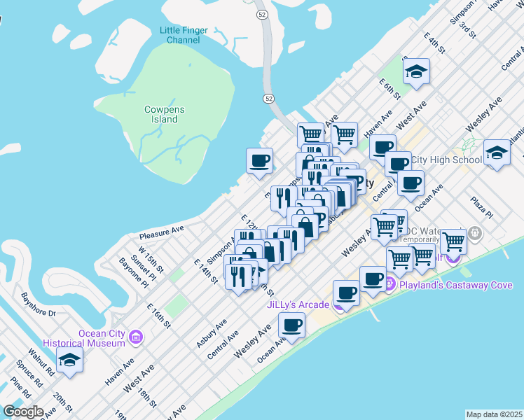map of restaurants, bars, coffee shops, grocery stores, and more near 1117 Simpson Avenue in Ocean City
