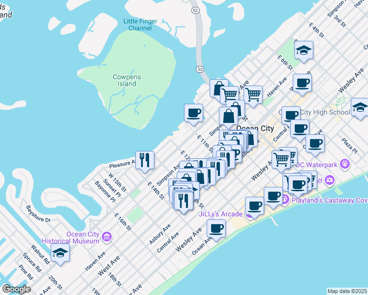 map of restaurants, bars, coffee shops, grocery stores, and more near in Ocean City