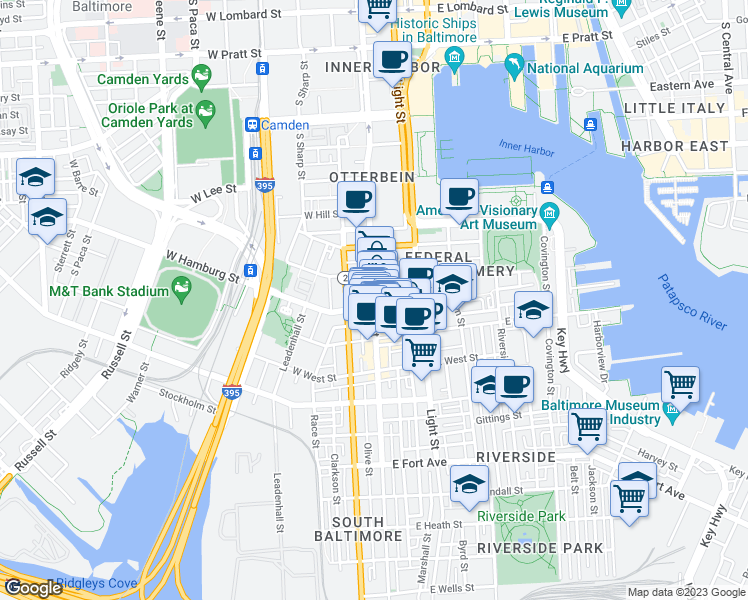 map of restaurants, bars, coffee shops, grocery stores, and more near S Charles St & E Hamburg St in Baltimore
