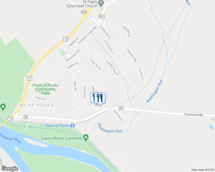 map of restaurants, bars, coffee shops, grocery stores, and more near 1701 Crommelins Court in Point of Rocks