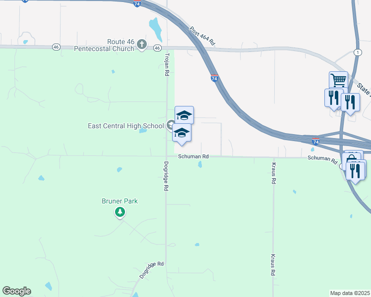 map of restaurants, bars, coffee shops, grocery stores, and more near 8356 Schuman Road in Brookville