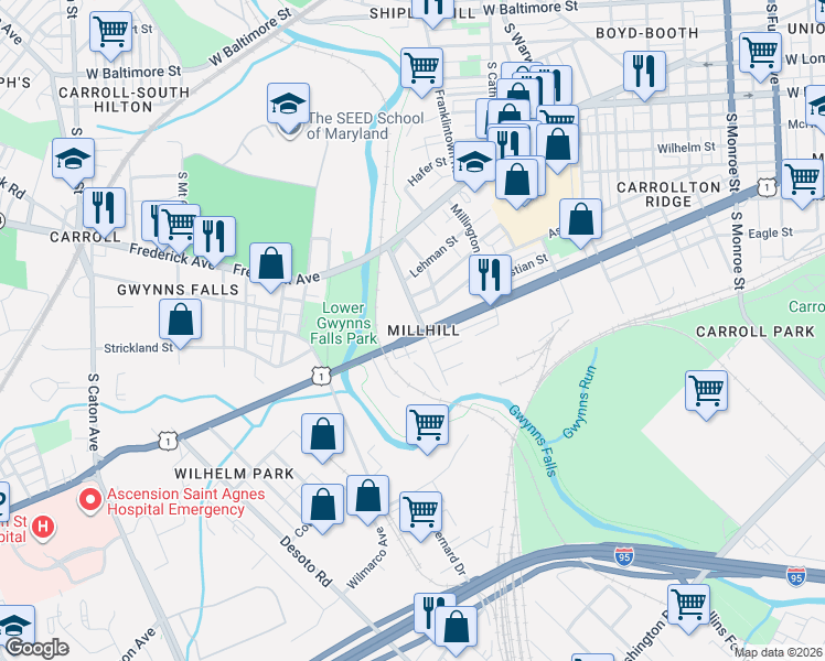 map of restaurants, bars, coffee shops, grocery stores, and more near 2712 Wilkens Avenue in Baltimore