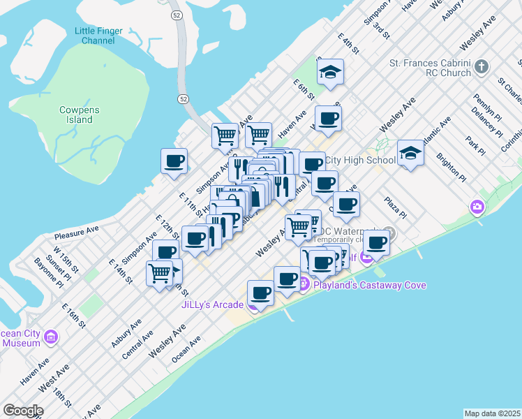 map of restaurants, bars, coffee shops, grocery stores, and more near 937 Asbury Avenue in Ocean City