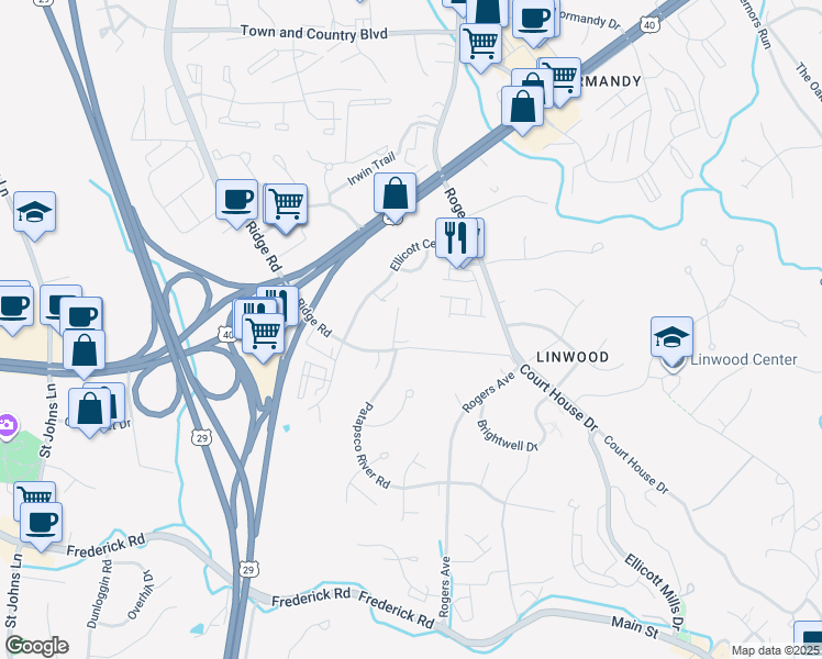 map of restaurants, bars, coffee shops, grocery stores, and more near 8700 Ridge Road in Ellicott City