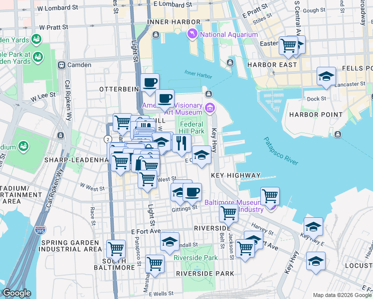 map of restaurants, bars, coffee shops, grocery stores, and more near 1015 Riverside Avenue in Baltimore