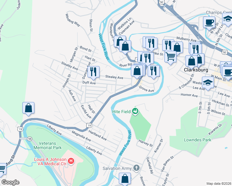 map of restaurants, bars, coffee shops, grocery stores, and more near 411 Milford Street in Clarksburg