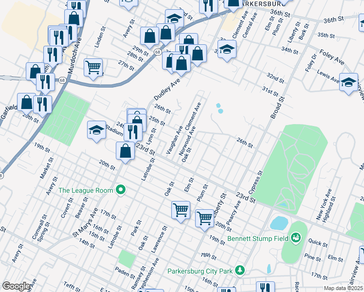map of restaurants, bars, coffee shops, grocery stores, and more near 2306 Clement Avenue in Parkersburg