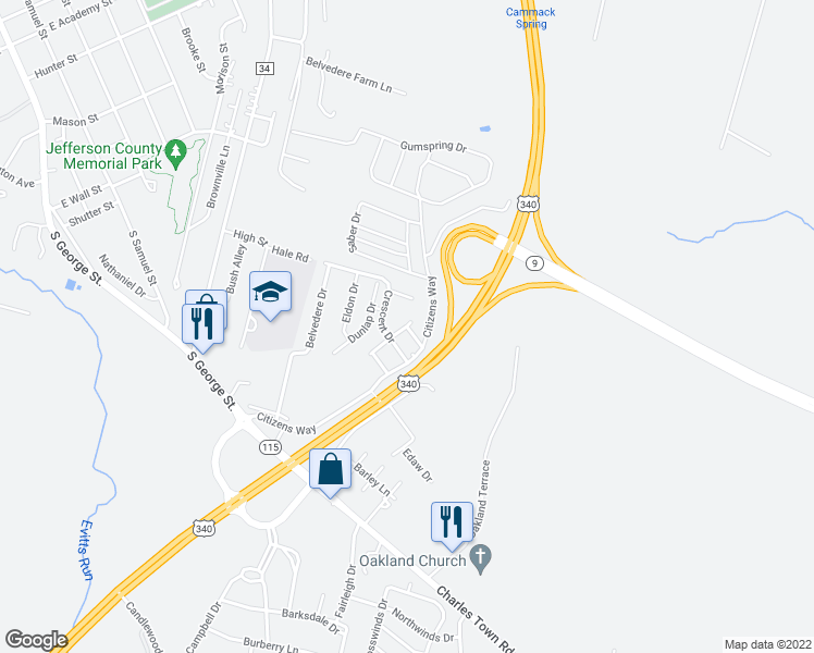 map of restaurants, bars, coffee shops, grocery stores, and more near Crawford Drive in Charles Town