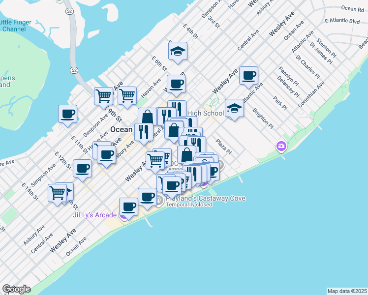 map of restaurants, bars, coffee shops, grocery stores, and more near 715 Moorlyn Terrace in Ocean City