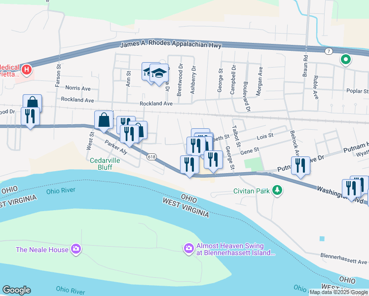 map of restaurants, bars, coffee shops, grocery stores, and more near Sycamore Street in Belpre