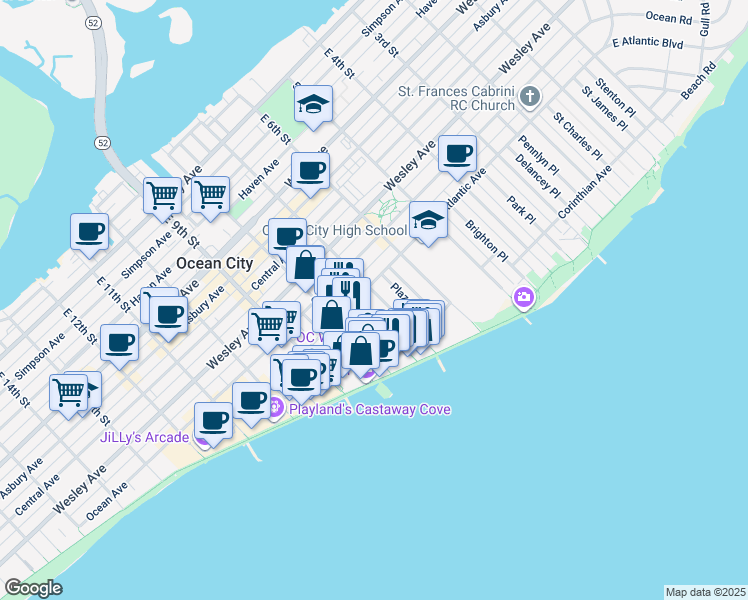 map of restaurants, bars, coffee shops, grocery stores, and more near 808 East 7th Street in Ocean City
