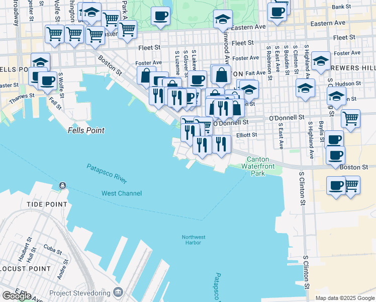 map of restaurants, bars, coffee shops, grocery stores, and more near 2780 Lighthouse Point in Baltimore