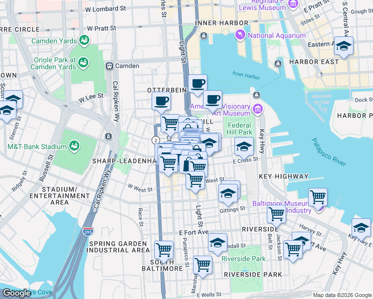 map of restaurants, bars, coffee shops, grocery stores, and more near East Hamburg Street in Baltimore