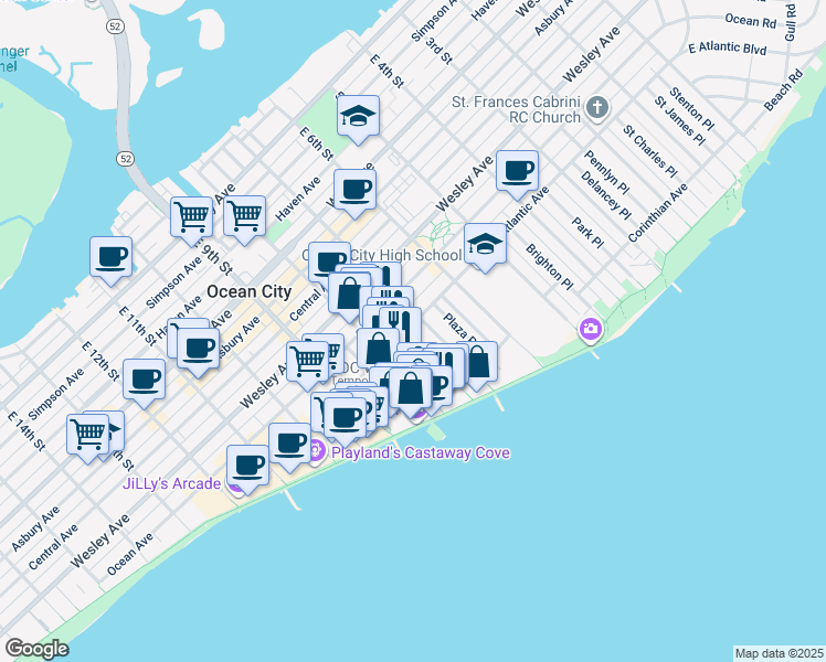 map of restaurants, bars, coffee shops, grocery stores, and more near 807 East 8th Street in Ocean City