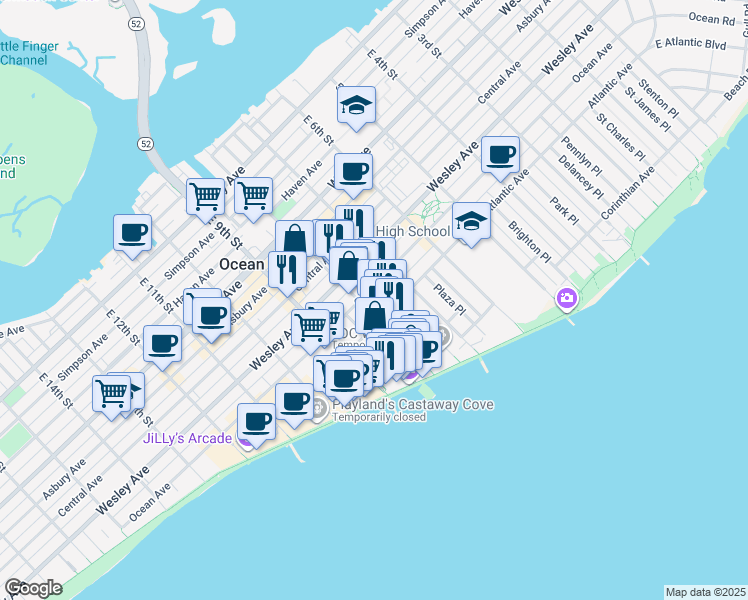 map of restaurants, bars, coffee shops, grocery stores, and more near 715 Moorlyn Terrace in Ocean City