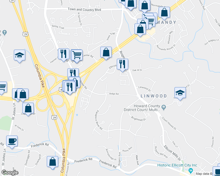 map of restaurants, bars, coffee shops, grocery stores, and more near 8700 Ridge Road in Ellicott City