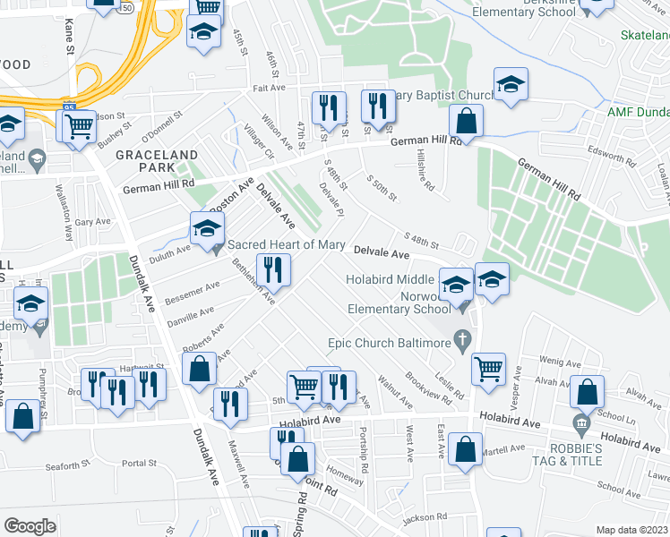 map of restaurants, bars, coffee shops, grocery stores, and more near 1507 Leslie Road in Dundalk