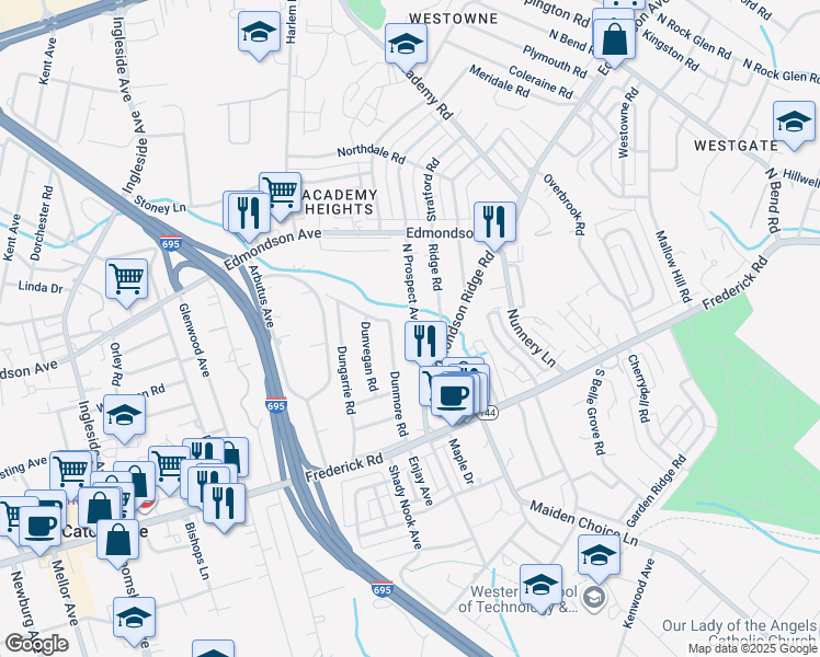 map of restaurants, bars, coffee shops, grocery stores, and more near 40 North Prospect Avenue in Catonsville