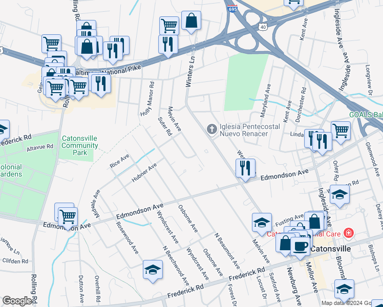 map of restaurants, bars, coffee shops, grocery stores, and more near 201 Suter Road in Catonsville