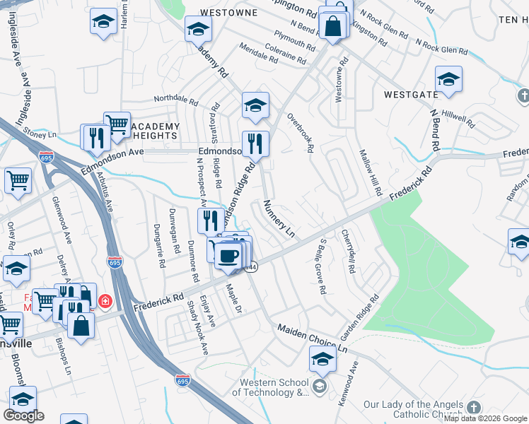map of restaurants, bars, coffee shops, grocery stores, and more near 106 Nunnery Lane in Catonsville