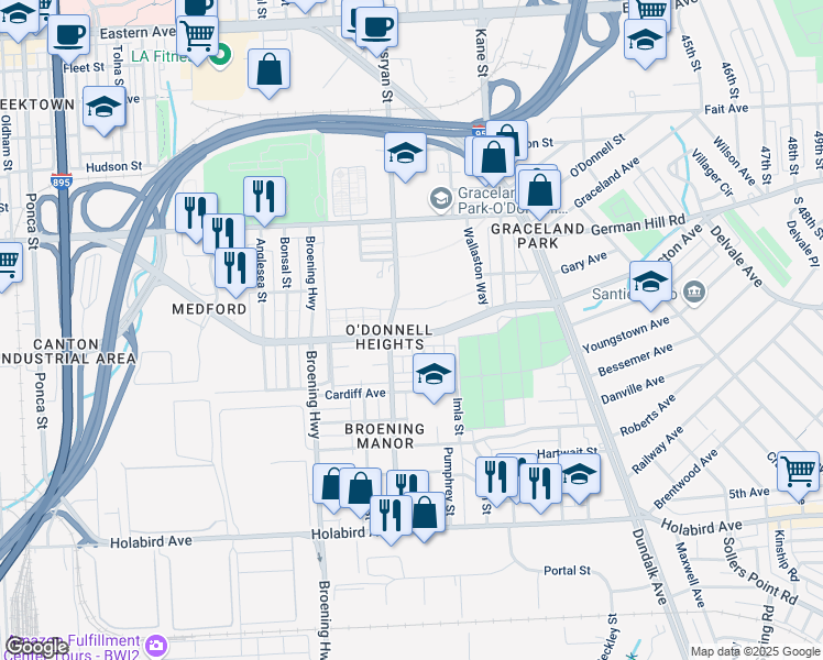 map of restaurants, bars, coffee shops, grocery stores, and more near 6323 Boston Street in Baltimore