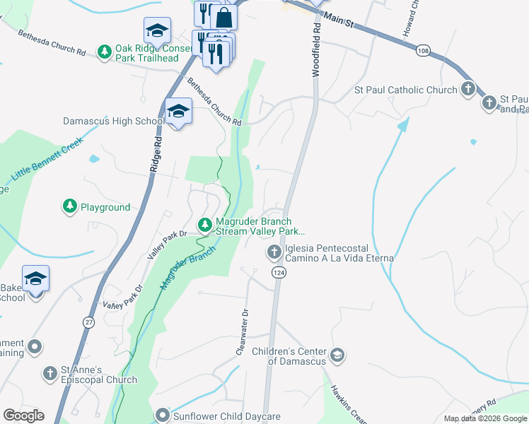 map of restaurants, bars, coffee shops, grocery stores, and more near 25411 Valley Park Terrace in Damascus