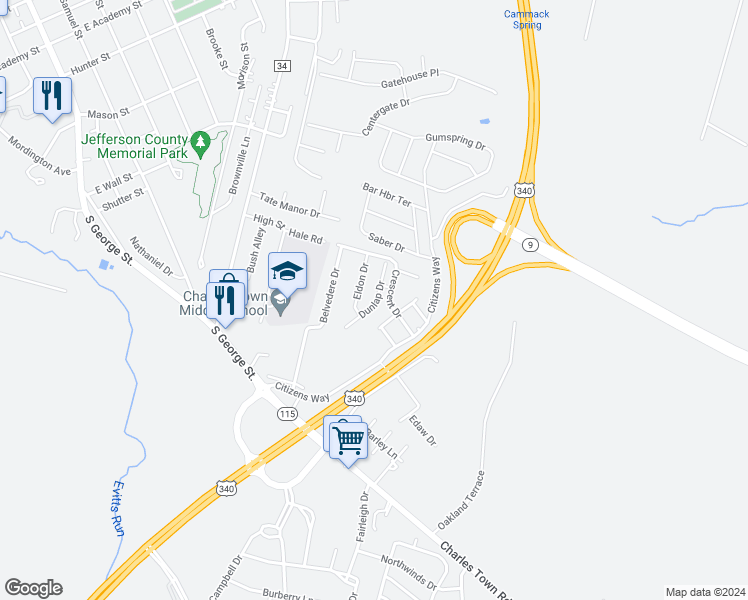 map of restaurants, bars, coffee shops, grocery stores, and more near 105 Dunlap Drive in Charles Town