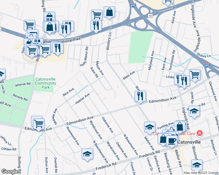 map of restaurants, bars, coffee shops, grocery stores, and more near 201 Suter Road in Catonsville