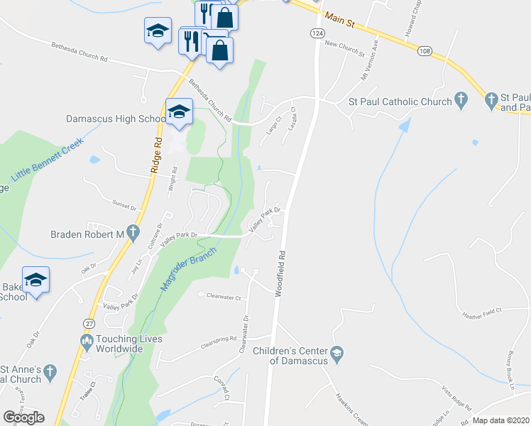 map of restaurants, bars, coffee shops, grocery stores, and more near 25384 Valley Park Terrace in Damascus