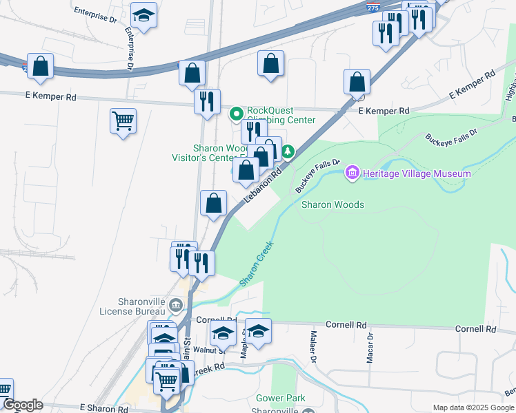 map of restaurants, bars, coffee shops, grocery stores, and more near 11438 Lebanon Road in Sharonville