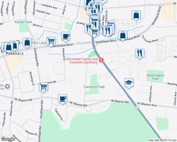 map of restaurants, bars, coffee shops, grocery stores, and more near 329 Cameron Road in Cincinnati
