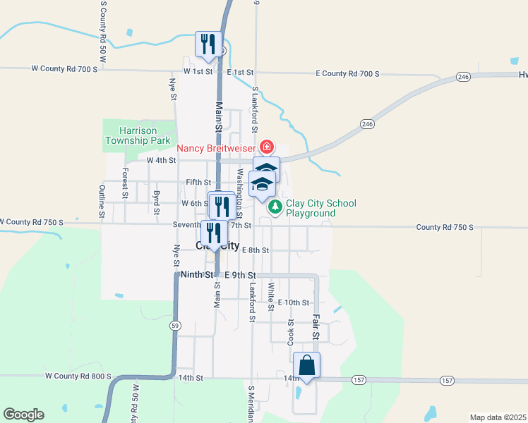 map of restaurants, bars, coffee shops, grocery stores, and more near 681 Lankford Street in Clay City