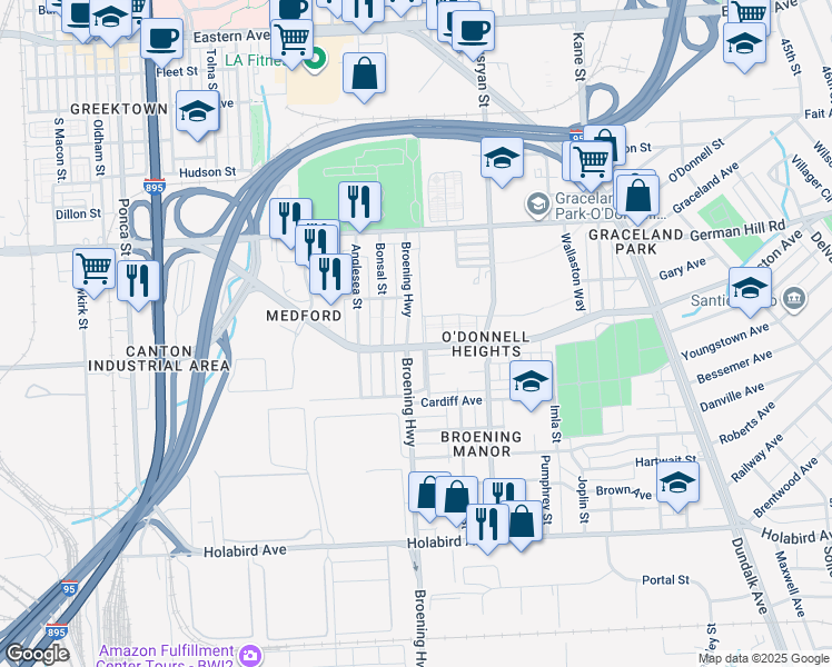map of restaurants, bars, coffee shops, grocery stores, and more near 1341 Broening Highway in Baltimore