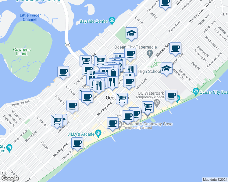 map of restaurants, bars, coffee shops, grocery stores, and more near 3rd Street in Ocean City
