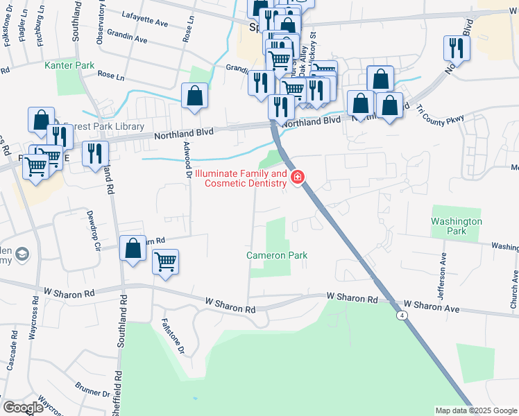 map of restaurants, bars, coffee shops, grocery stores, and more near 329 Cameron Road in Cincinnati